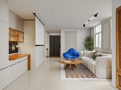 Modern Apartment Interior Design With White Cabinets Wooden Countertop Blue Chair And Beige Sofa 3d model