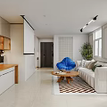 Modern Apartment Interior Design With White Cabinets Wooden Countertop Blue Chair And Beige Sofa