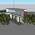 Modern Visitor Center With Large Glass Windows Wooden Columns Green Lawn Blue Sky Clouds