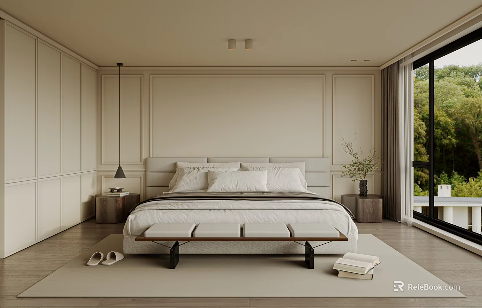 Modern Bedroom Interior Design With Bed Bench Nightstand Rug And Window 3d model 