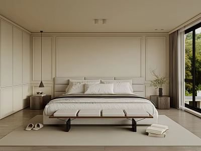 Modern Bedroom Interior Design With Bed Bench Nightstand Rug And Window 3d model