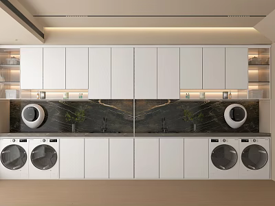 Modern Laundry Room With White Cabinetry And Multiple Washing Machines 3d model