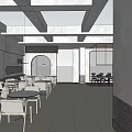 Modern Restaurant Interior With Concrete Ceiling Beams Arched Doorway And Pendant Lights