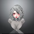 3D Child Female Head Model with Silver Gray Curly Hair Red Eyes and Red Lips on Gray Background