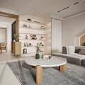 Modern Minimalist Living Dining Room Interior With Sofa Coffee Table Wooden Shelves And Rug
