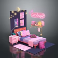 Kids Bedroom Design With Pink Bed Stars Moon Goodnight Neon Lights And Wall Frames