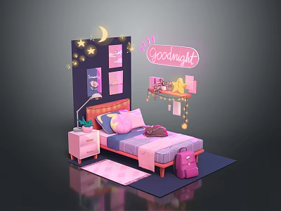 Kids Bedroom Design With Pink Bed Stars Moon Goodnight Neon Lights And Wall Frames 3d model