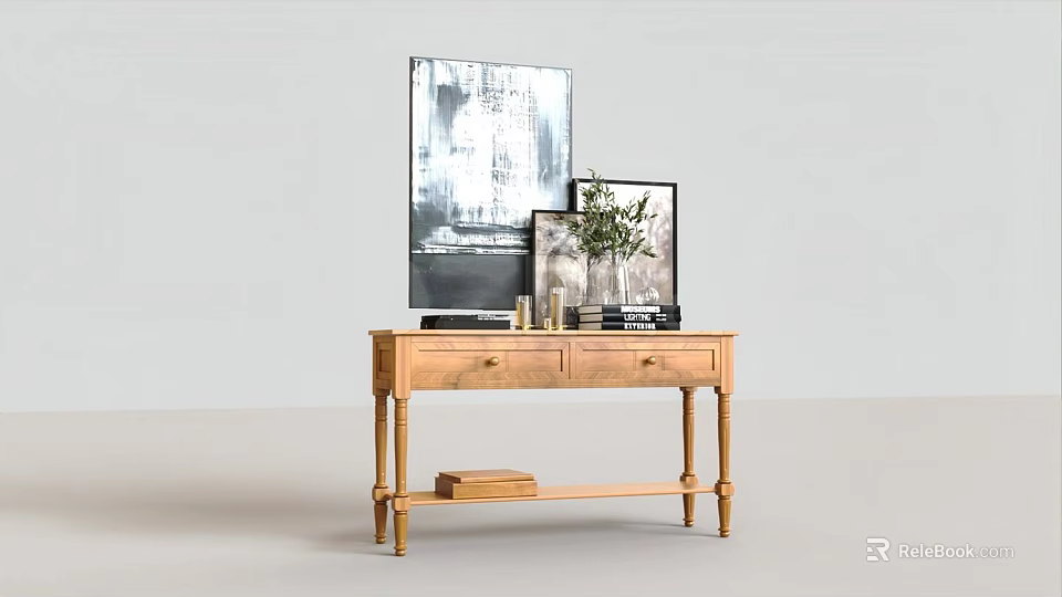 Elegant Wooden Console Table With Decorative Paintings Vase And Green Plant 3d model 