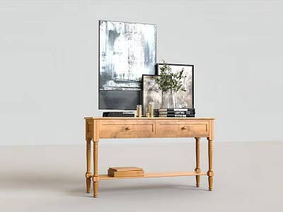 Elegant Wooden Console Table With Decorative Paintings Vase And Green Plant 3d model