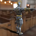 Muscular Game And Movie Character With Golden Decorated Armor And Helmet In Temple Hall