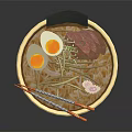 Delicious Ramen Bowl With Soft Boiled Eggs Sliced Meat Nori Chopped Scallions And Chopsticks