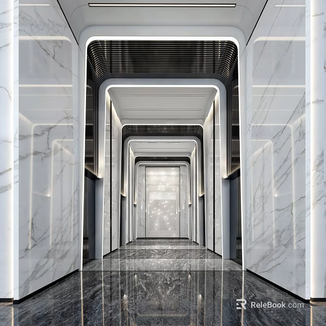 Luxurious Modern Elevator Corridor Interior With Marble Walls Recessed Lighting And Sleek Floor 3d model 