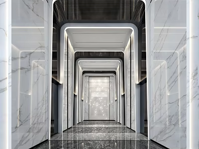 Luxurious Modern Elevator Corridor Interior With Marble Walls Recessed Lighting And Sleek Floor 3d model