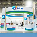 DSM Exhibition Booth Modern Design With Curved Canopy Colorful Stripe Counters And Digital Screens
