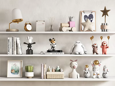 Decorative Ornament Collection on White Shelves with Figurines Books Cactus and Star Decor 3d model