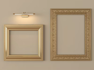 Golden Ornate Picture Frames Two Different Sizes On Beige Wall With Wall Lamp 3d model