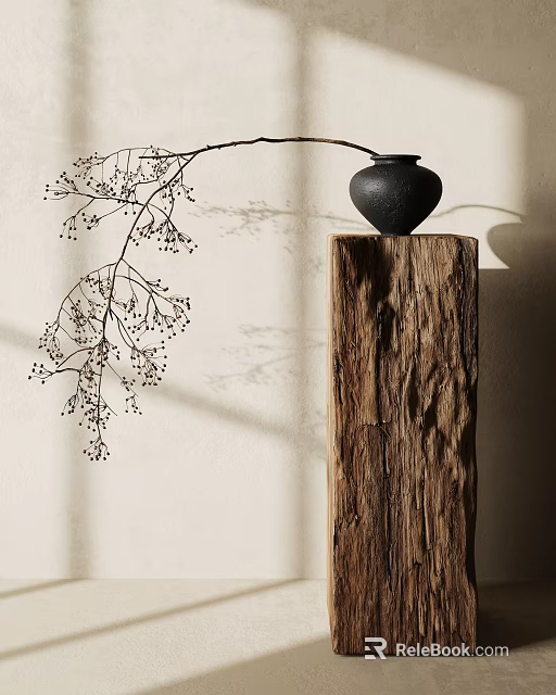 Black Vase Holding Twigs with Small Berries on Wooden Pillar Light Wall Soft Shadows 3d model 