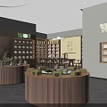 Modern Elegant Specialty Store Interior With Wooden Display Shelves And Round Display Counters
