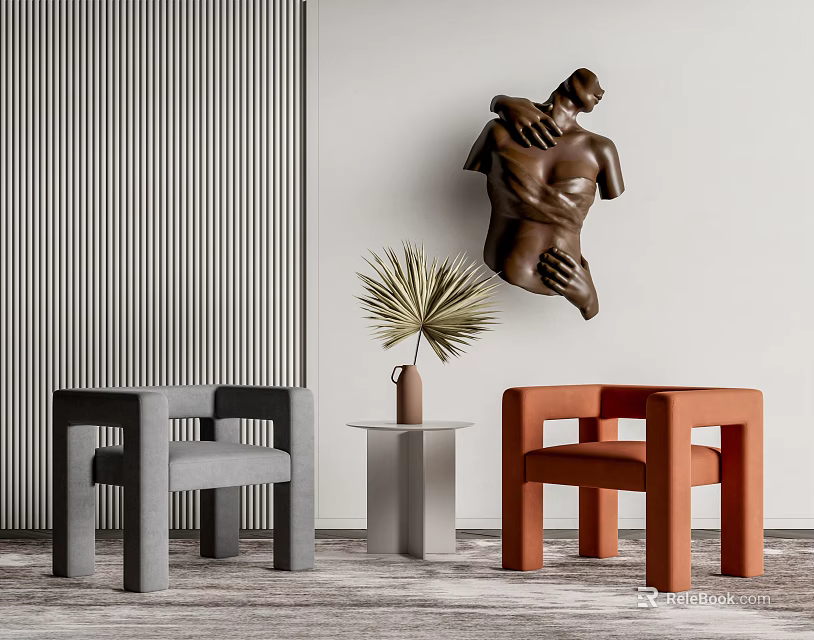 Leisure Sofa Set with Gray and Orange Chairs Small Table Plant Striped Wall and Sculpture 3d model 