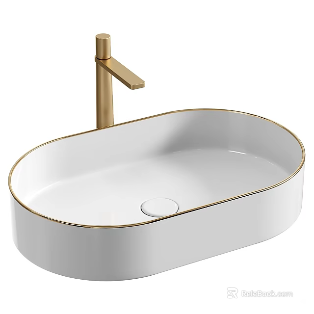 Modern White Ceramic Oval Washbasin With Gold Faucet And Rim Design 3d model 