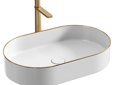 Modern White Ceramic Oval Washbasin With Gold Faucet And Rim Design 3d model