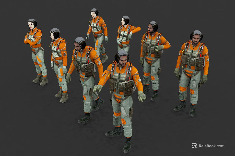 Multiple People in Orange Uniforms with Various Poses and Equipment 3d model 