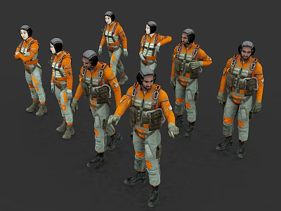 Multiple People in Orange Uniforms with Various Poses and Equipment 3d model