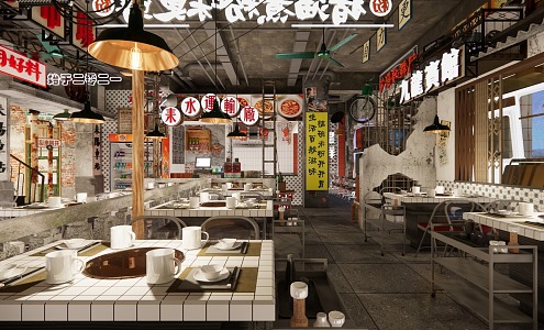 Retro restaurant online celebrity nostalgic restaurant Hong Kong-style restaurant stalls 3d model