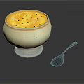 Creamy Yellow Pudding Dessert Topped with Black Seeds in White Bowl and Spoon
