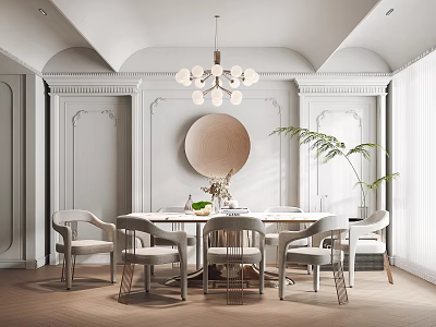 Elegant Restaurant Interior With Arched Ceiling Chandelier Round Table Chairs Mirror Plant And Wooden Floor 3d model