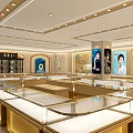 Luxurious Jewelry Store Interior With Golden Display Cases And Brand Posters