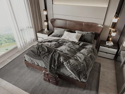 Modern Double Bed with Leather Headboard Gray Bedding and Nightstands in Scenic Bedroom 3d model