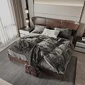 Modern Double Bed with Leather Headboard Gray Bedding and Nightstands in Scenic Bedroom