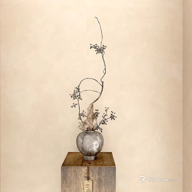 Bonsai Plant with Twisted Branches Small Leaves in Silver Vase on Wooden Stand Beige Wall 3d model 