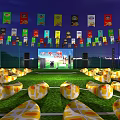 Illuminated Football Field With Fenced Area Colorful Decorations And Event Tables Chairs