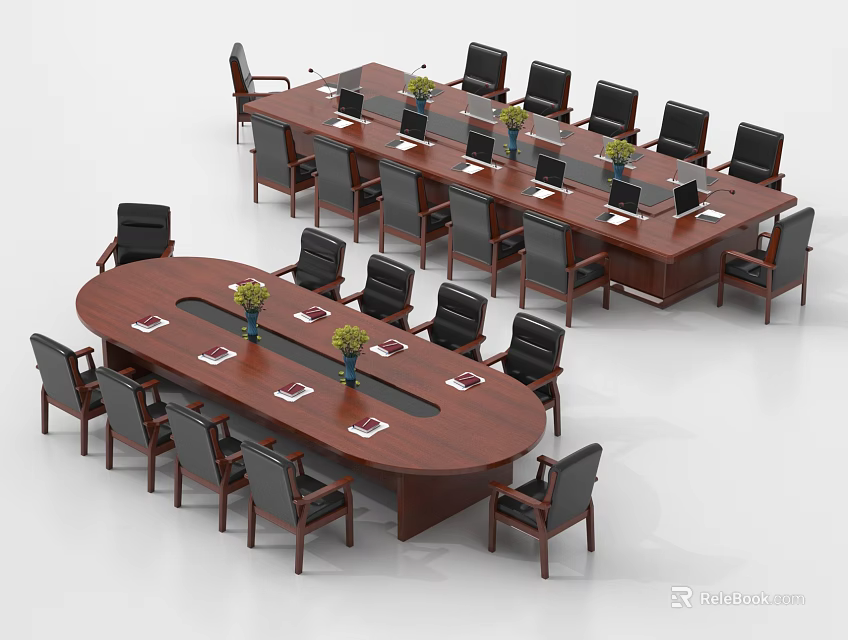 Elegant Wooden Conference Tables With Oval Rectangular Shapes Black Chairs And Green Plant Vases 3d model 