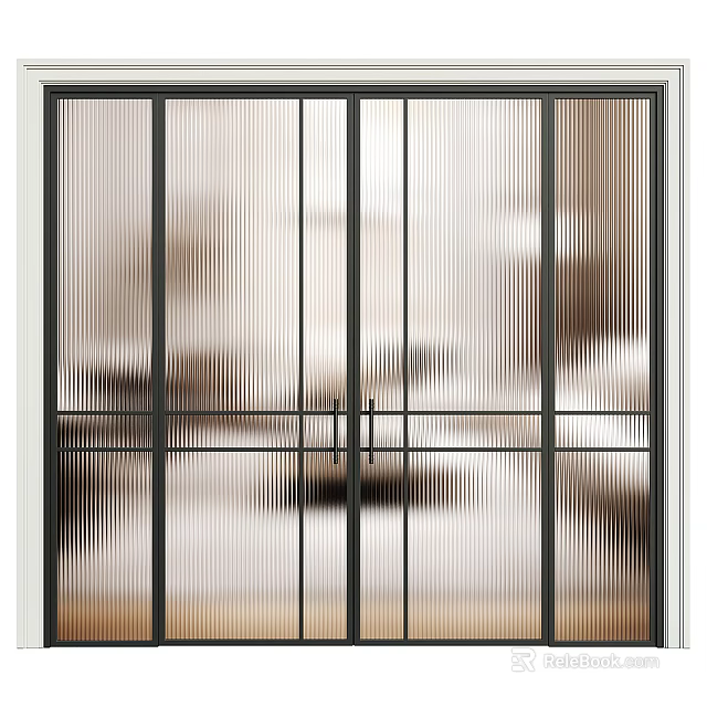 Modern Double Doors With Black Frame And Ribbed Glass For Interior Space Design 3d model 