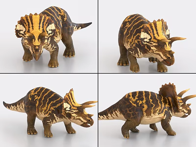 Detailed Triceratops Toy With Brown And Yellow Patterns From Different Angles 3d model
