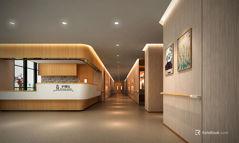 Contemporary Interior Design Featuring Wooden Walls Reception Desk Corridor Handrail Paintings And Lighting 3d model 