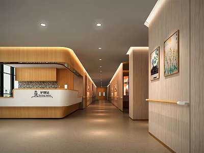 Contemporary Interior Design Featuring Wooden Walls Reception Desk Corridor Handrail Paintings And Lighting 3d model