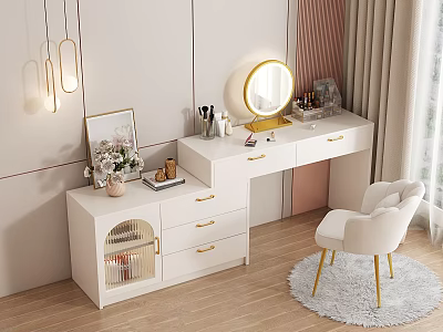 Elegant Modern Dressing Table with Round Mirror Golden Drawers Cosmetics and White Chair 3d model