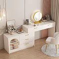 Elegant Modern Dressing Table with Round Mirror Golden Drawers Cosmetics and White Chair