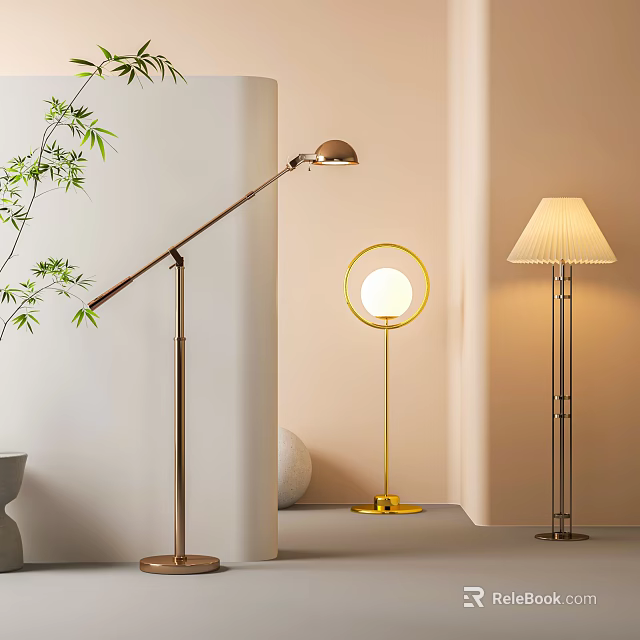 Modern Floor Lamps With Adjustable Arm Gold Base And White Shade In Interior 3d model 