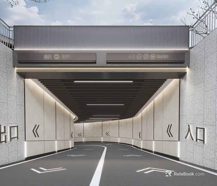 Road Infrastructure Featuring Tunnel Entrance With Illuminated Lighting Direction Arrows And Road Signs 3d model 