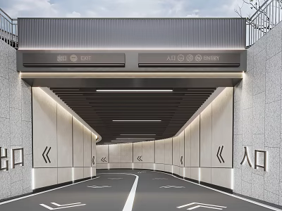 Road Infrastructure Featuring Tunnel Entrance With Illuminated Lighting Direction Arrows And Road Signs 3d model