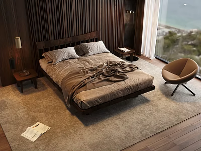 Double Bed with Wooden Wall Large Window Sea View Side Tables Armchair on Bedroom Rug 3d model