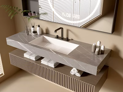 Modern Wall Mounted Bathroom Vanity With Stone Countertop Round Illuminated Mirror Towels And Toiletries 3d model