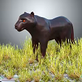 Black Panther Standing In Lush Green Grass With Striking Red Eyes