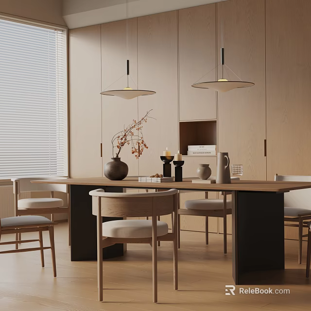 Modern Dining Table Set With Light Wooden Chairs Beige Cushions And Tabletop Decor 3d model 