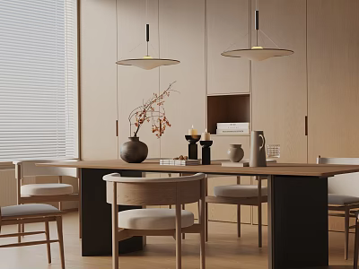 Modern Dining Table Set With Light Wooden Chairs Beige Cushions And Tabletop Decor 3d model